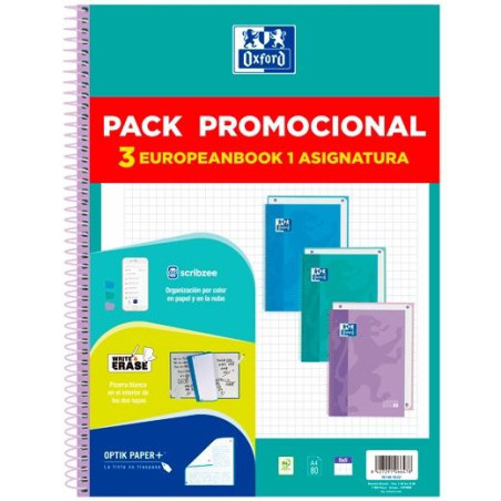 (400195027) OXFORD CUADERNO EUROPEANBOOK 1 TOUCH WRITE&ERASE 80H A4 5X5 T/EXTRADURA C/SURTIDOS PASTEL PACK PROMOCIONAL 3 UD