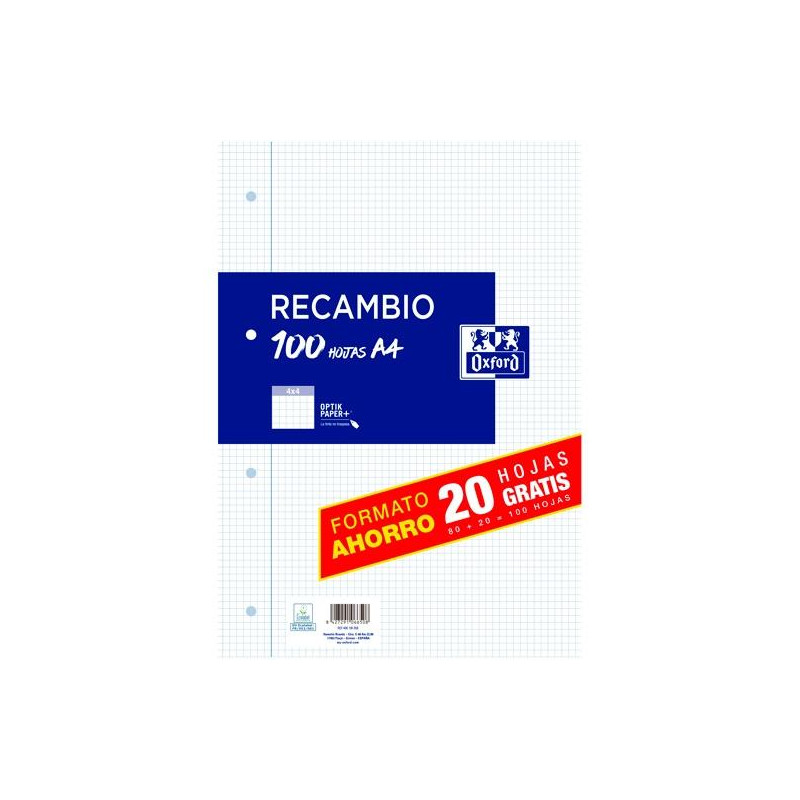 (400195058) OXFORD RECAMBIO CLASSIC 80H + 20H GRATIS A4 C/ MARGEN 90GR 4X4MM 4 TALADROS