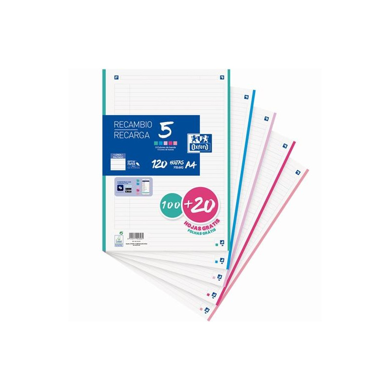 (400159876) OXFORD RECAMBIO CLASSIC 100H + 20H GRATIS A4 SUELTAS 90GR 1 LÍNEA 4 TALADROS 5 BANDAS COLORES PASTEL