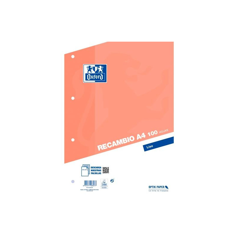 (400173742) OXFORD RECAMBIO CLASSIC 100H A4 SUELTAS 90GR LISO 4 TALADROS NARANJA