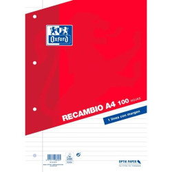 (400173743) OXFORD RECAMBIO CLASSIC 100H A4 SUELTAS 1 LÍNEA C/MARGEN 4 TALADROS ROJO