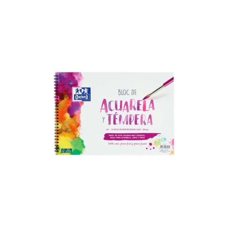 (400148238) OXFORD BLOC PINTURA ACUARELA Y TÉMPERA 10H 300GR ESPIRAL A4+ LISO BLANCO