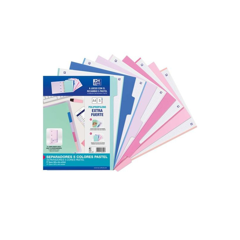 (400159036) OXFORD JUEGO SEPARADORES 5 POSICIONES PP 500 MICRAS A4 C/SURTIDOS PASTEL