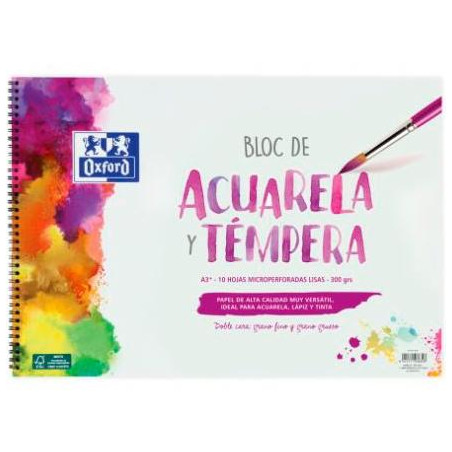 (400148239) OXFORD BLOC PINTURA ACUARELA Y TÉMPERA 10H 300GR ESPIRAL A3+ LISO BLANCO