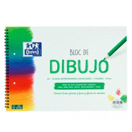 (400148236) OXFORD BLOC DIBUJO ESCOLAR MULTITALADRO 2 T/ BLANDA ESPIRAL 20H 130GR A4+ C/ RECUADRO LISO BLANCO