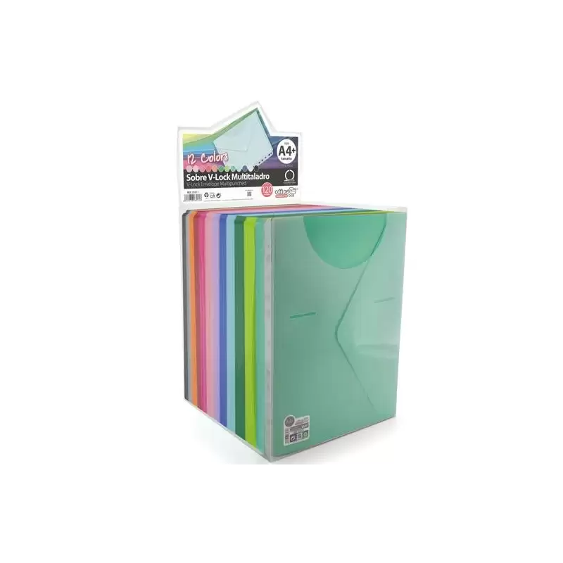 (35311) OFFICE BOX SOBRE BROCHE COLORLINE A4+/FOLIO MULTITALADRO CIERRE V-LOCK PP C/SURTIDOS EXPOSITOR 120 UD