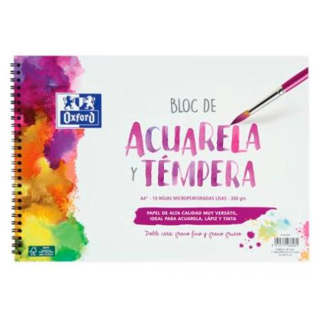 (400148238) OXFORD BLOC PINTURA ACUARELA Y TÉMPERA 10H 300GR ESPIRAL A4+ LISO BLANCO