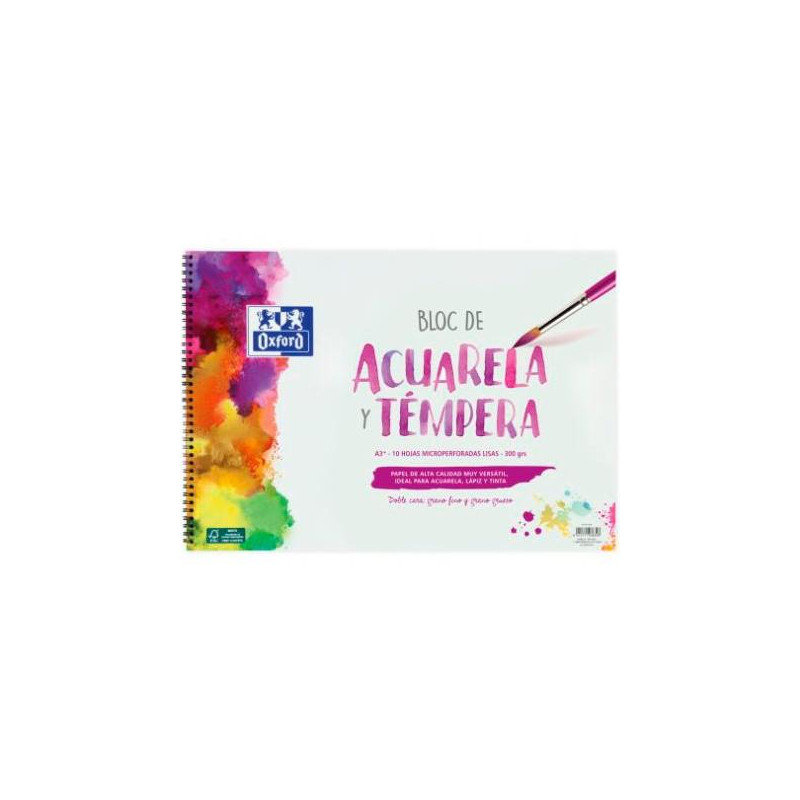 (400148239) OXFORD BLOC PINTURA ACUARELA Y TÉMPERA 10H 300GR ESPIRAL A3+ LISO BLANCO
