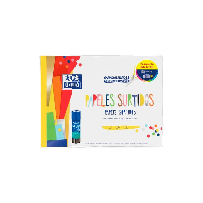 (400197385) OXFORD PACK BLOC PAPELES SURTIDOS MANUALIDADES + PEGAMENTO PELIFIX 20G