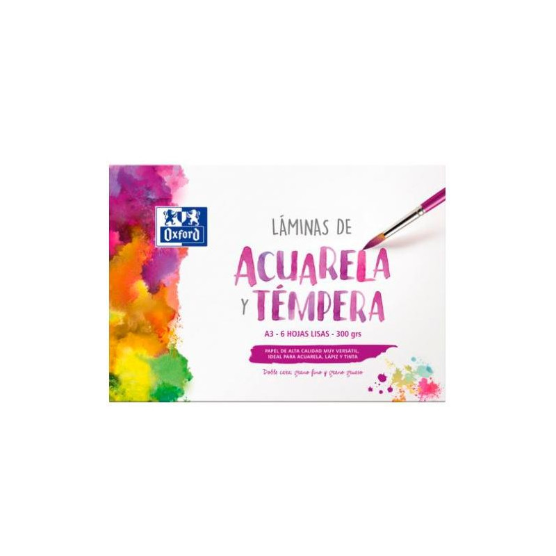 (400151295) OXFORD LÁMINAS PARA PINTURA ACUARELA Y TÉMPERA 6H 300GR A3 LISO BLANCO