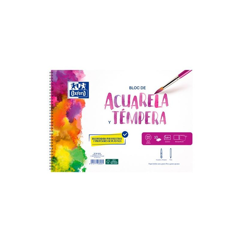 (400197384) OXFORD PACK BLOC ACUARELA + 2 PINCELES 10H A4+ 300GR MICROPERFORADO