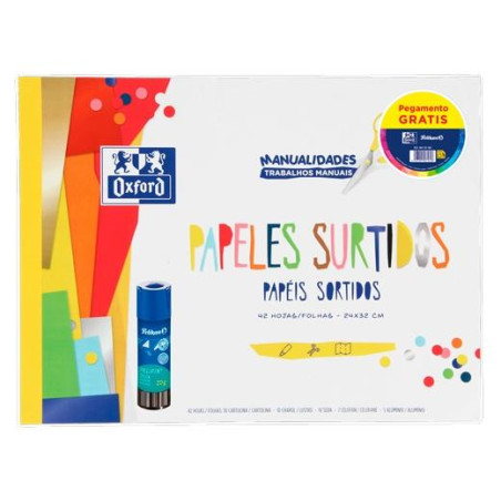 (400197385) OXFORD PACK BLOC PAPELES SURTIDOS MANUALIDADES + PEGAMENTO PELIFIX 20G