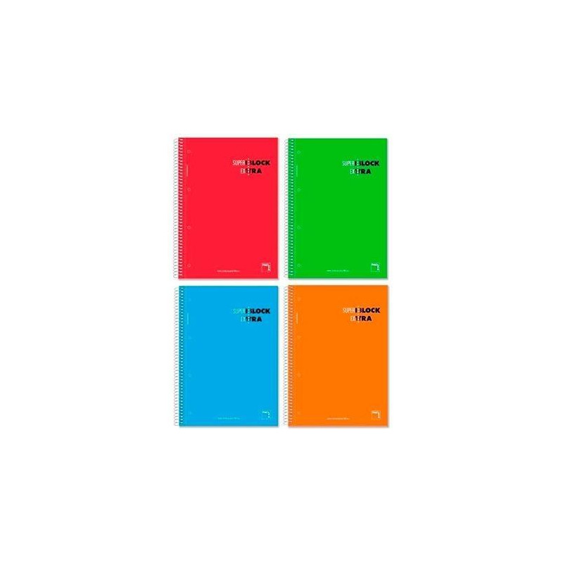 (16366) PACSA CUADERNO SUPERBLOCK EXTRA 120H A4 90GR 5X5 + GRECA MICROPERFORADO TAPA DURA PACK 4 UD C/SURTIDOS