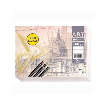 (22020) PACSA PAPEL DE DIBUJO SERIE ART PAQUETE 250 LÁMINAS A4 140GR LISO SIN RECUADRO BLANCO