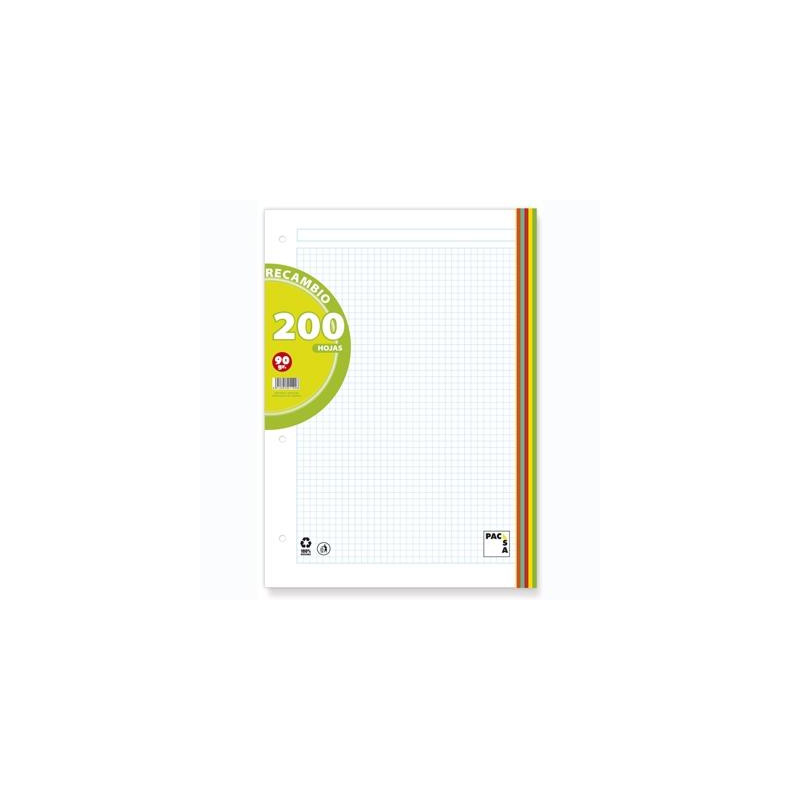 (21190) PACSA RECAMBIO 200H A4 90GR 5X5 + GRECA 4 TALADROS 5 BANDAS COLORES