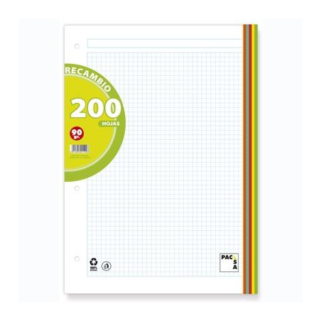 (21190) PACSA RECAMBIO 200H A4 90GR 5X5 + GRECA 4 TALADROS 5 BANDAS COLORES