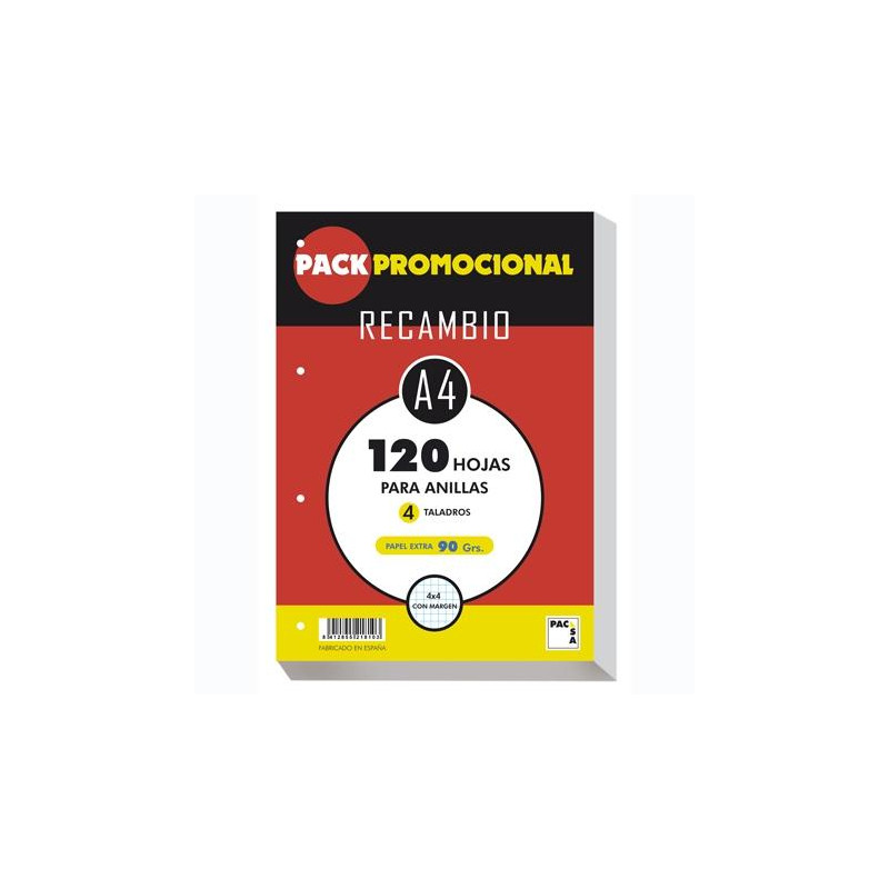 (21810) PACSA RECAMBIO 120H A4 90GR 4X4MM 4 TALADROS PAPEL EXTRA