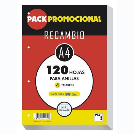 (21810) PACSA RECAMBIO 120H A4 90GR 4X4MM 4 TALADROS PAPEL EXTRA