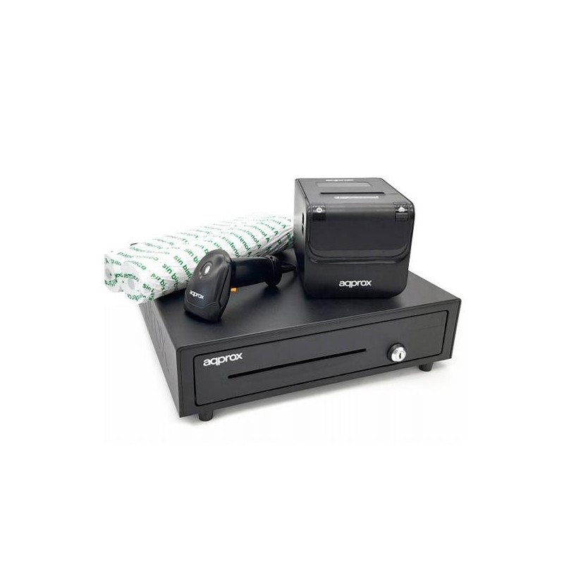 (APPPOSPACK4180) AQPROX KIT TPV CAJON PORTAMONEDAS NEGRO + LECTOR/SCANNER + IMPRESORA TERMICA + PACK ROLLOS PAPEL