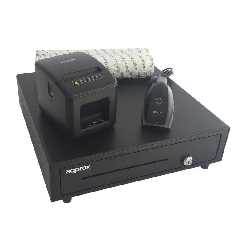 (APPPOSPACK4180USB-2D) AQPROX KIT TPV CAJON PORTAMONEDAS NEGRO + LECTOR/SCANNER + IMPRESORA TERMICA + PACK ROLLOS PAPEL
